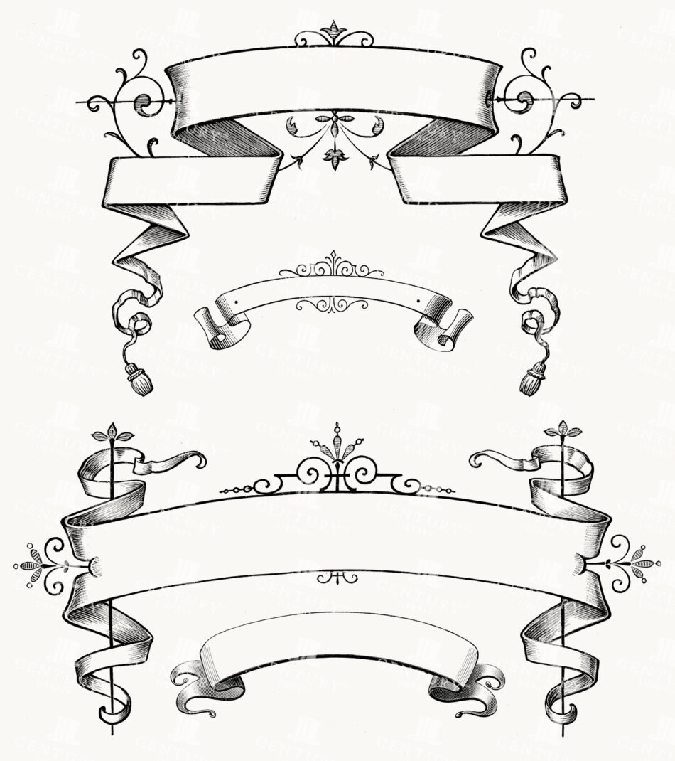 Ornate Ribbon Banners with Scrollwork Flourishes and Tassels - Blank Cartouches Framed by Curled Ribbons and Floral Fini