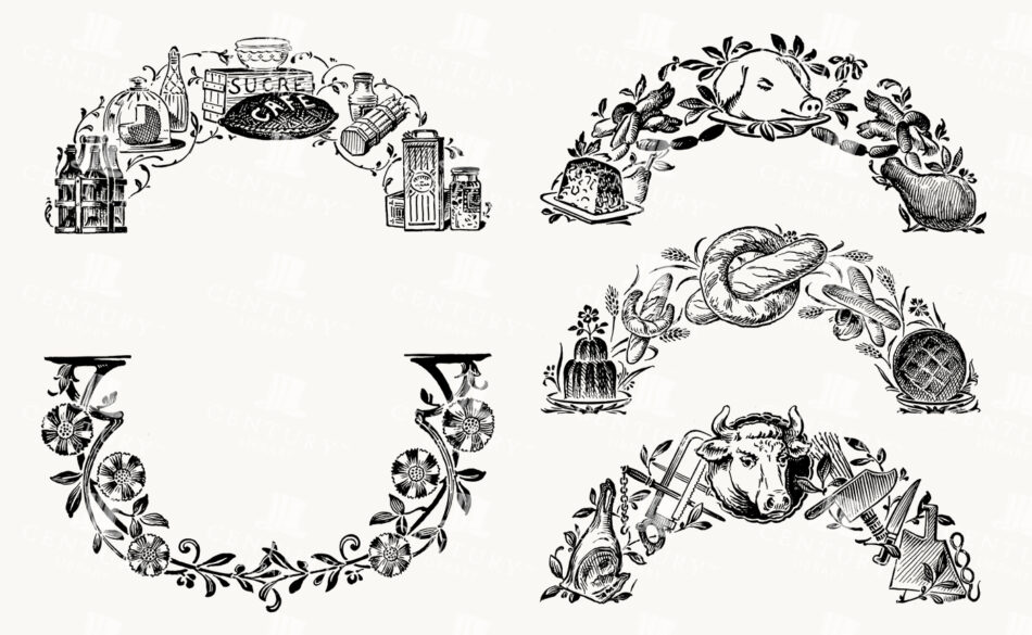 Culinary-themed Typographic Ornaments and Floral U-shaped Borders - Pantry