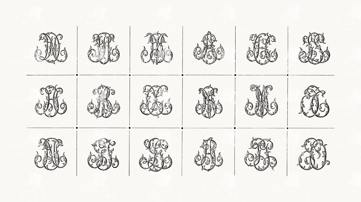 antique initial・monogram motif..:⋈*2個セット Ornate Monogram Initials with Scrollwork and Acanthus Borders