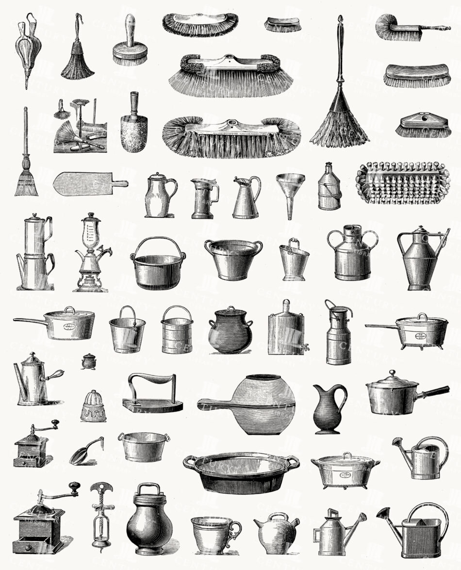 Household Utensils and Cleaning Tools in Rows - Brooms