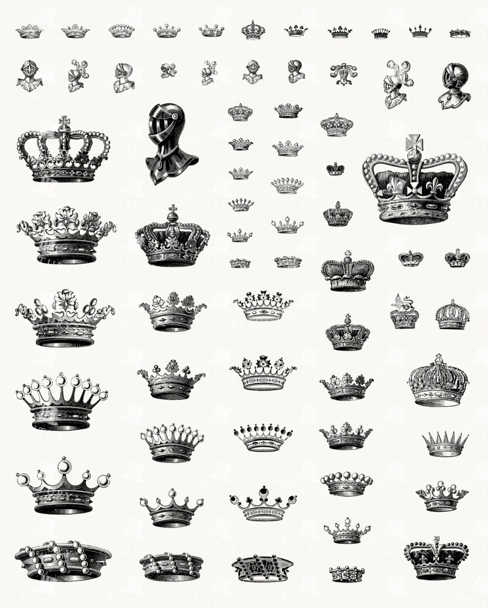 Heraldic Crowns and Coronets with Knight Helms - Ornate Royal Regalia Emblems Arranged in Varied Sizes and Styles