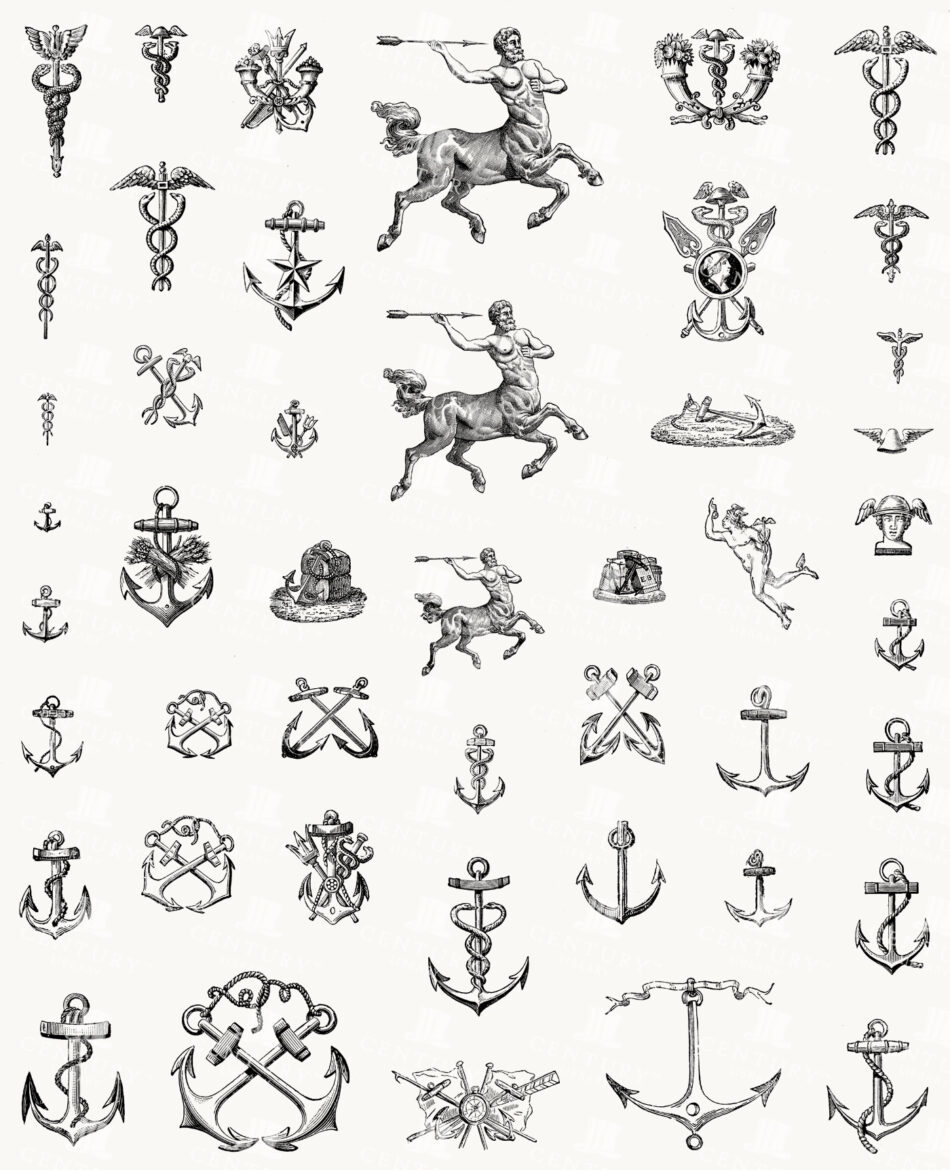 Nautical Anchors and Caduceus Emblems with Mythic Figures - Assorted Typographic Ornaments in Fine Linework