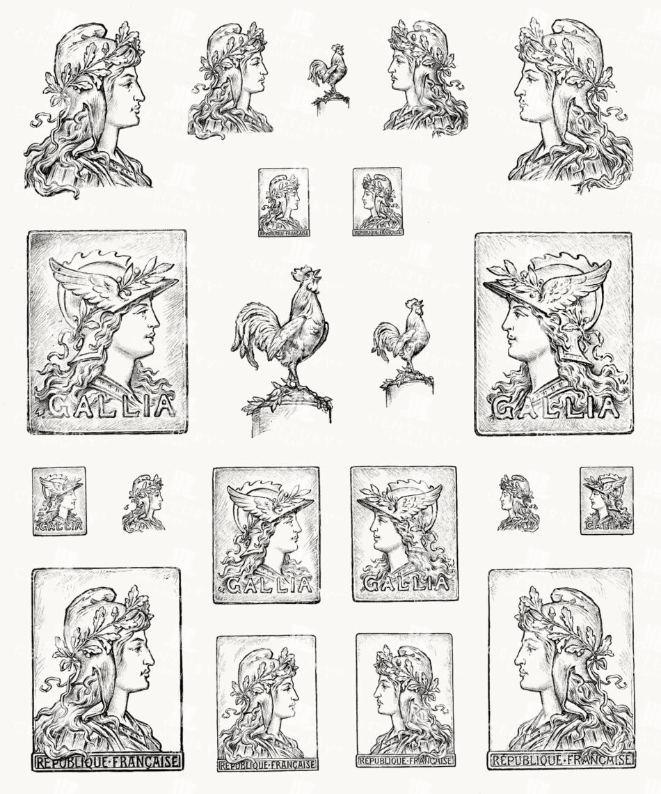 Allegorical Female Profile with Laurel Wreath and Winged Helmet - French Rooster Emblems and 'gallia' Plaques