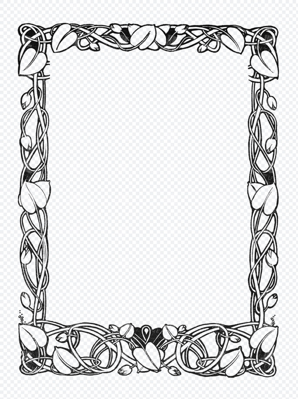 Ornate Black Vine and Leaf Border Frame with Intertwining Stems and Curling Tendrils on Transparent Background