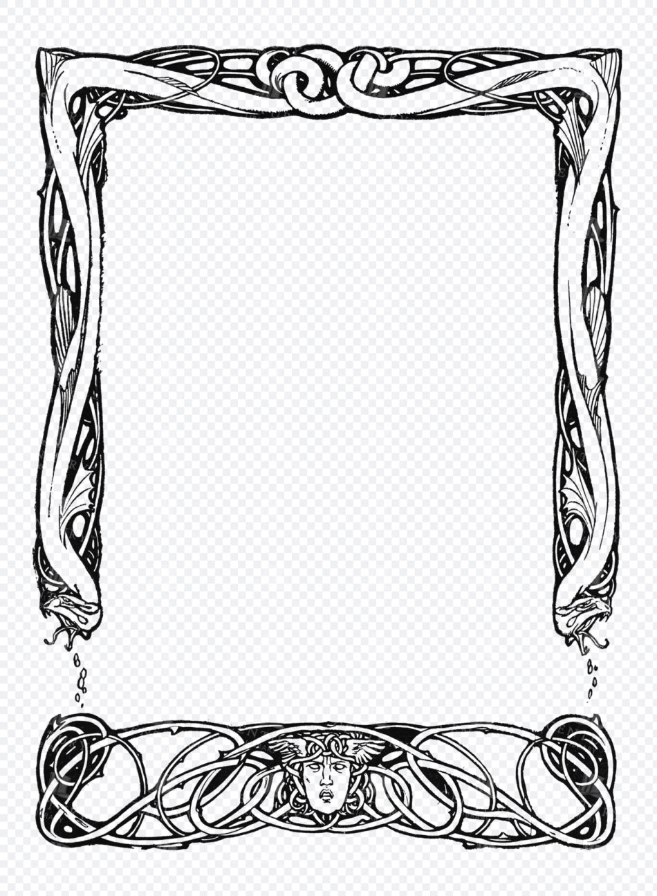 Ornate Serpent Border with Dripping Fangs and Central Classical Face Medallion on Transparent Background