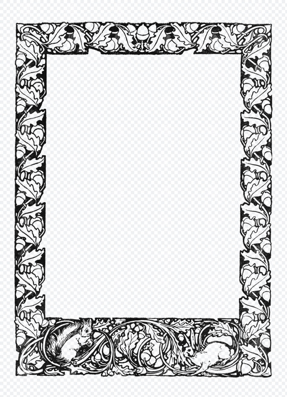 Ornate Rectangular Oak Leaf Border with Acorns and Small Woodland Animals in Black Ink on Transparent Background