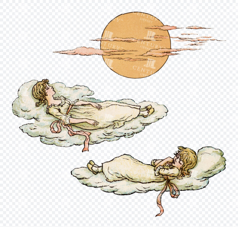 Two Young Girls Reclining on Fluffy Clouds Beneath a Soft Orange Sun with Drifting Pink Clouds