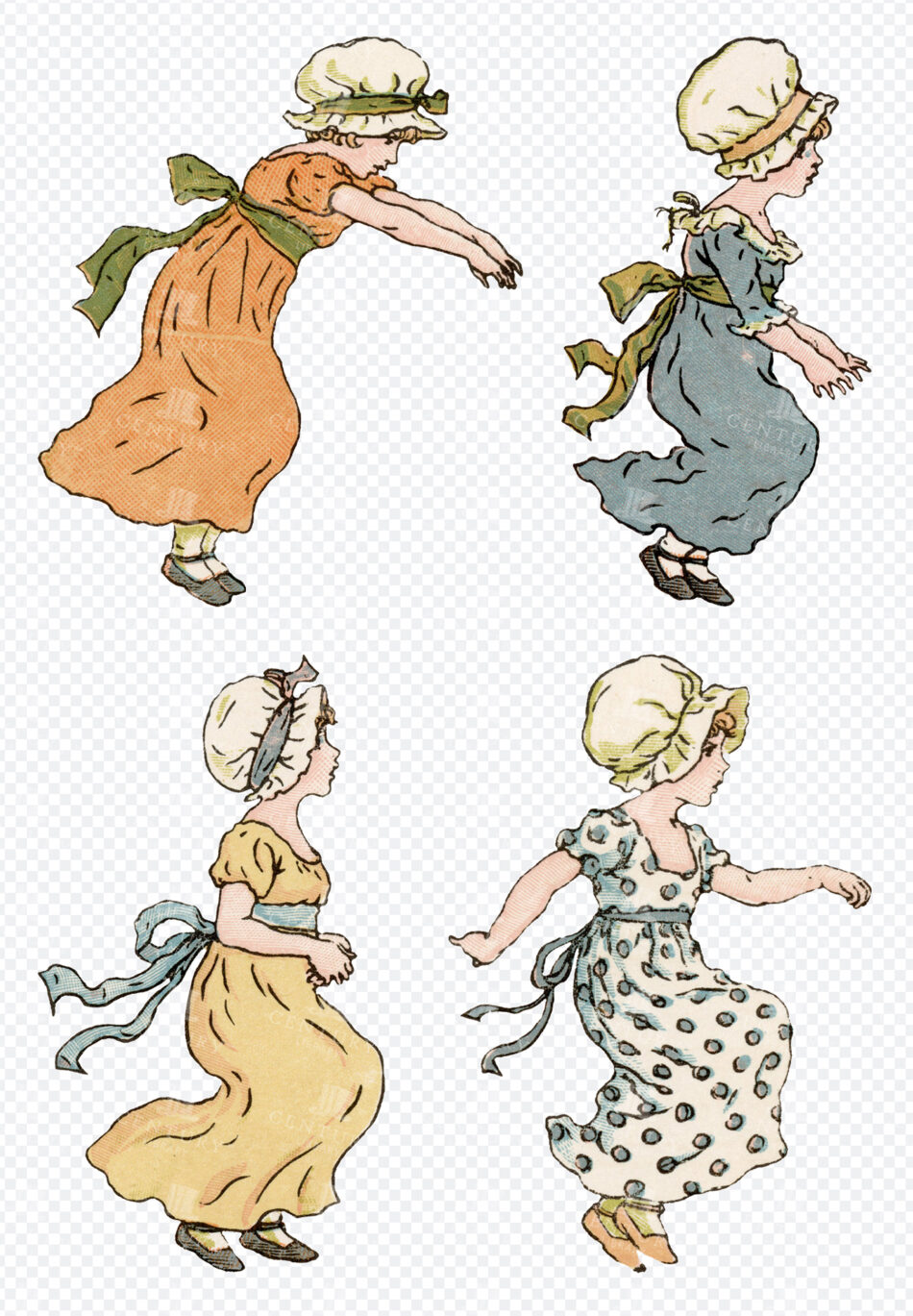 Four Small Girls in Bonnets and Ribboned Dresses in Playful Side Poses on Transparent Background
