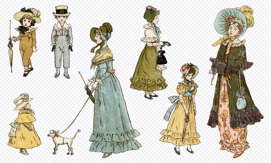 Regency Era Fashion Figures - Women And Children In Period Dress