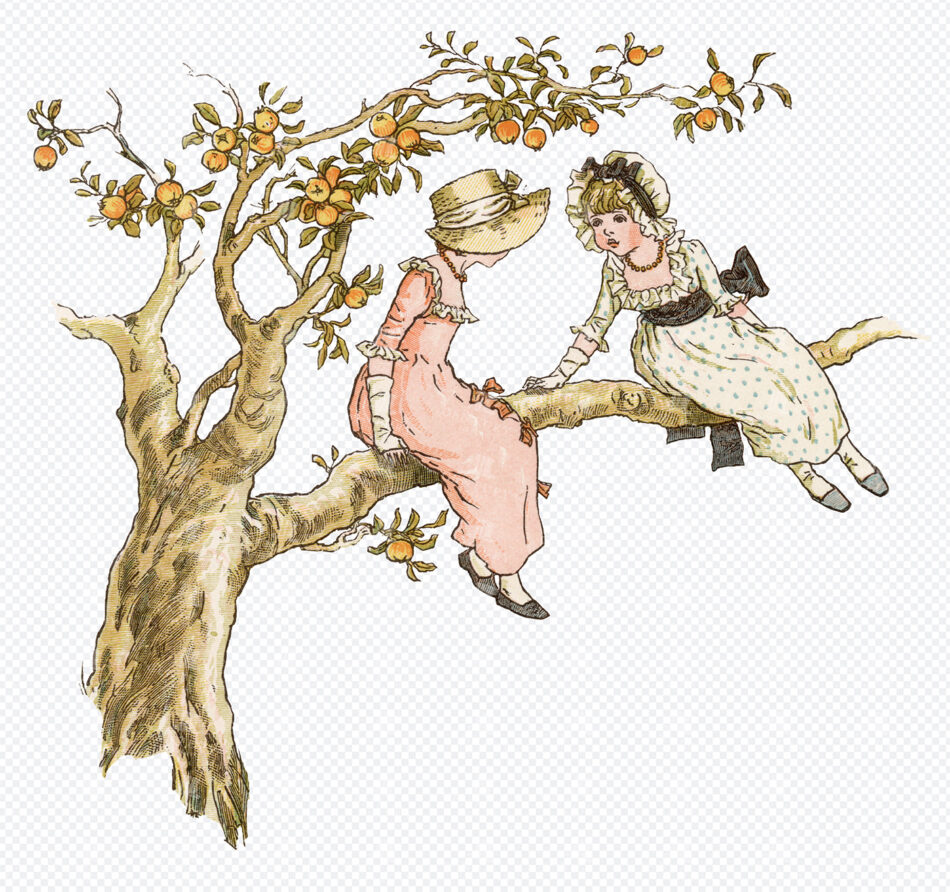 Two Girls in Long Dresses Sitting on a Fruit Tree Branch Amid Hanging Orange Blossoms and Leaves