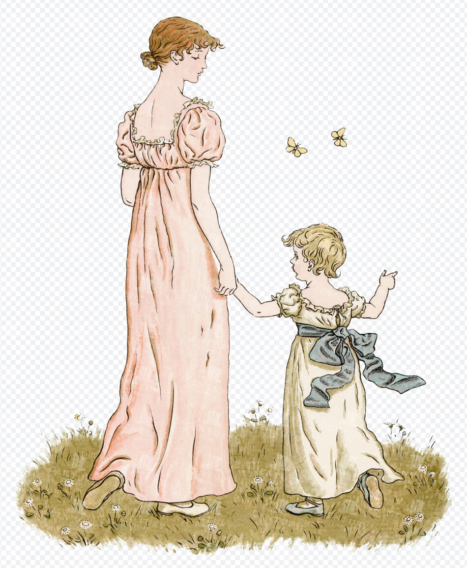 Mother and Child in Long Flowing Dresses Walking Through Grass While Watching Two Butterflies Above