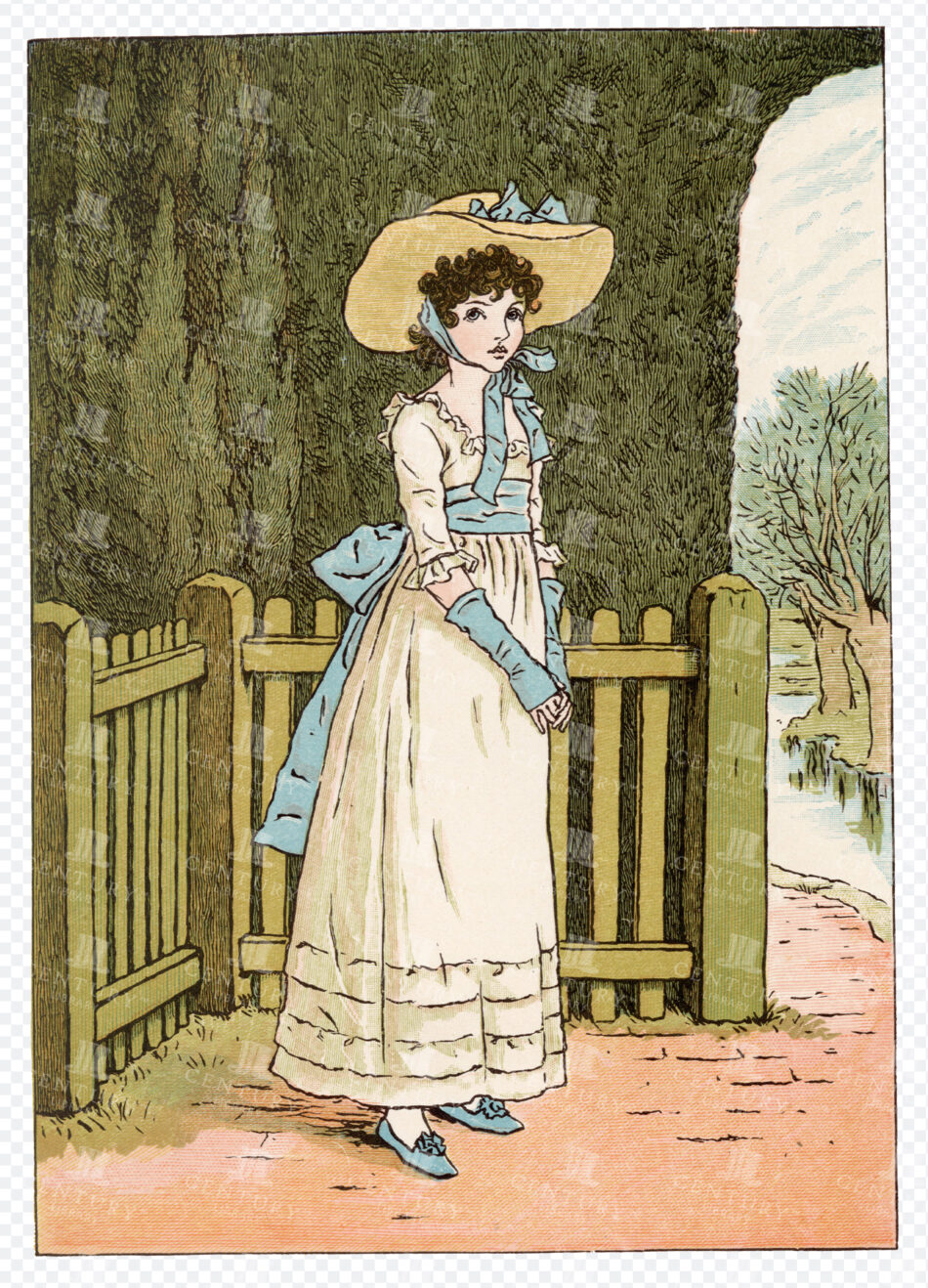 Young Woman in Long White Dress and Blue Ribbons Standing by a Wooden Gate on a Garden Pathway