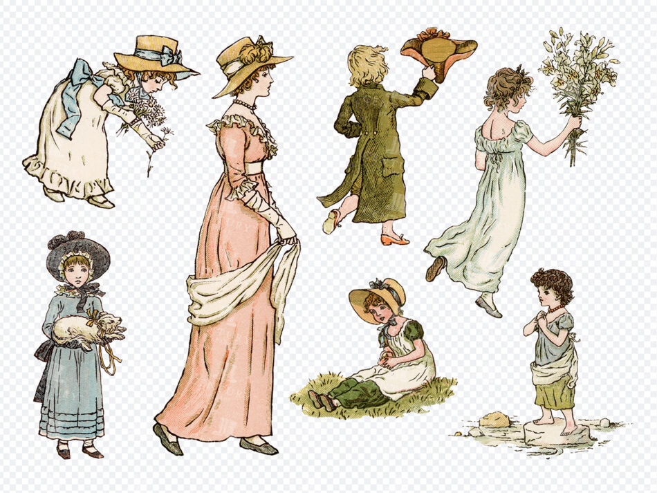 Graceful Victorian Women and Children in Long Flowing Dresses and Bonnets