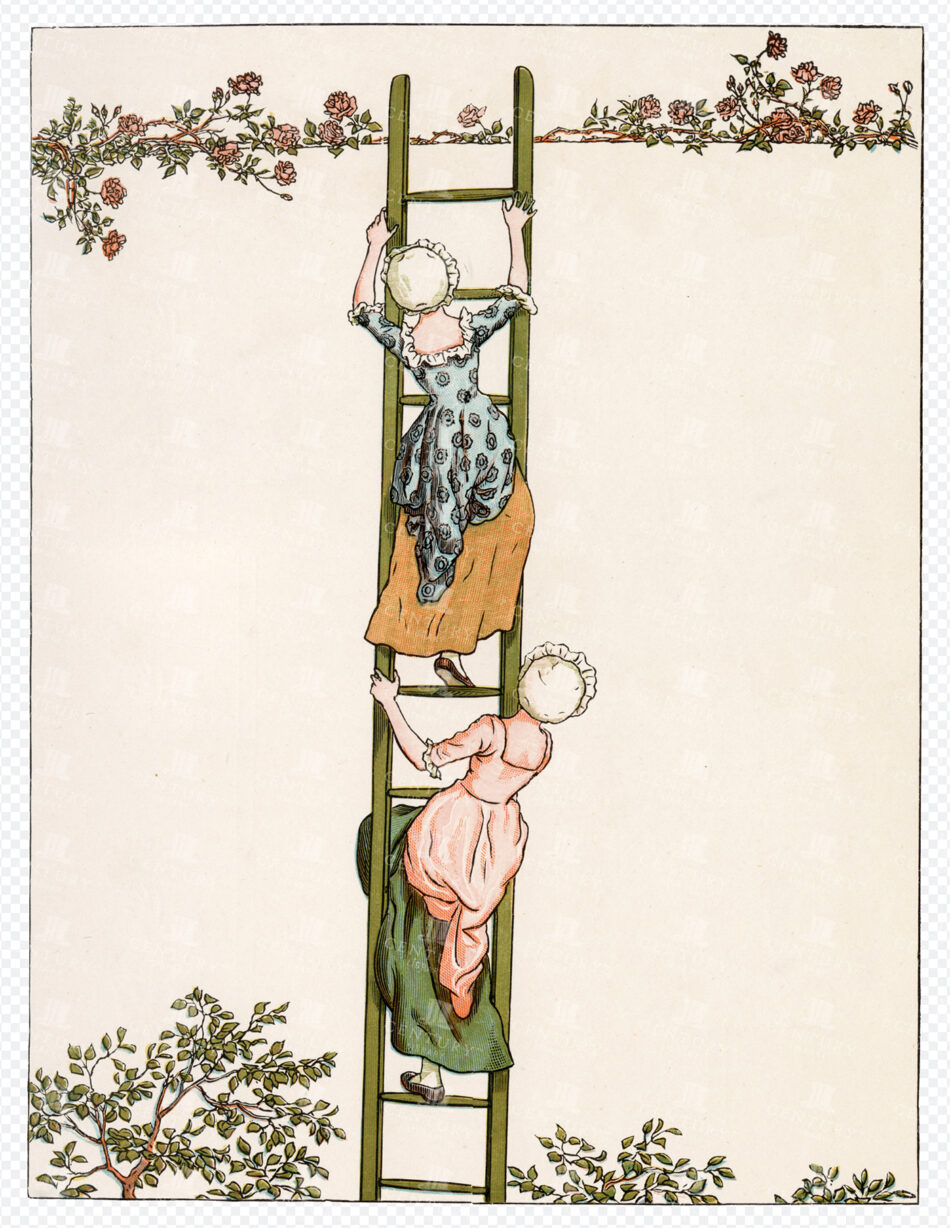 Two Women in Victorian Dresses Climbing a Tall Green Ladder Toward a Rose-covered Border