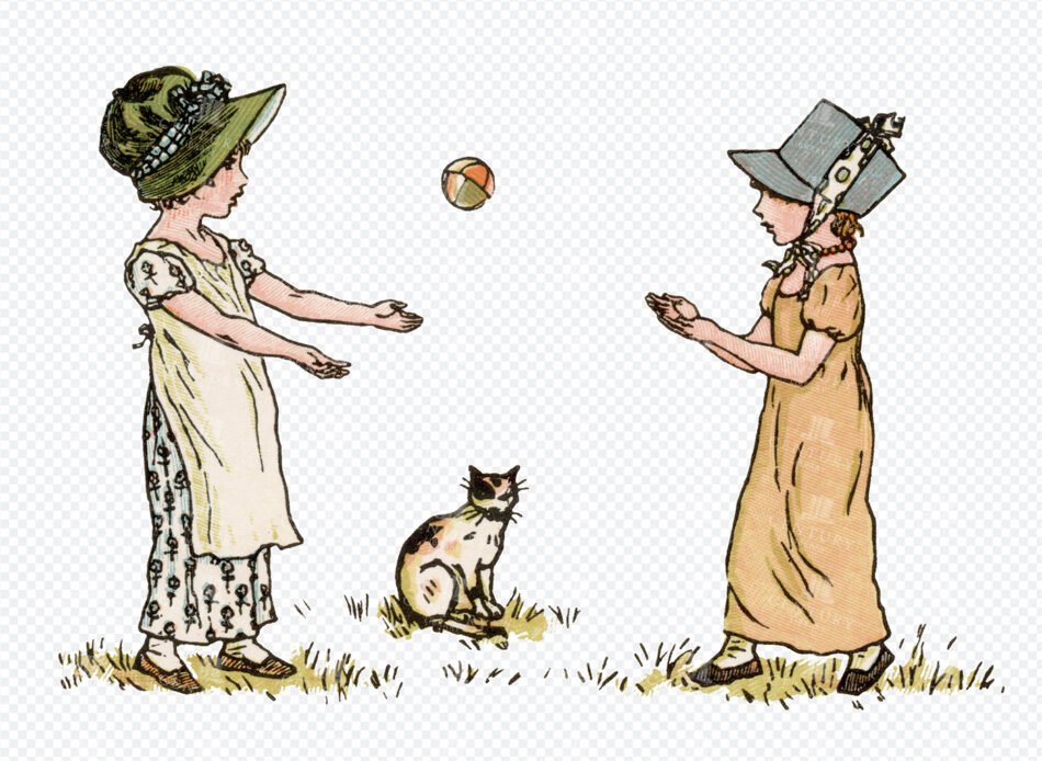 Two Young Girls in Long Dresses Tossing a Small Ball Across a Field with a Seated Cat Between Them