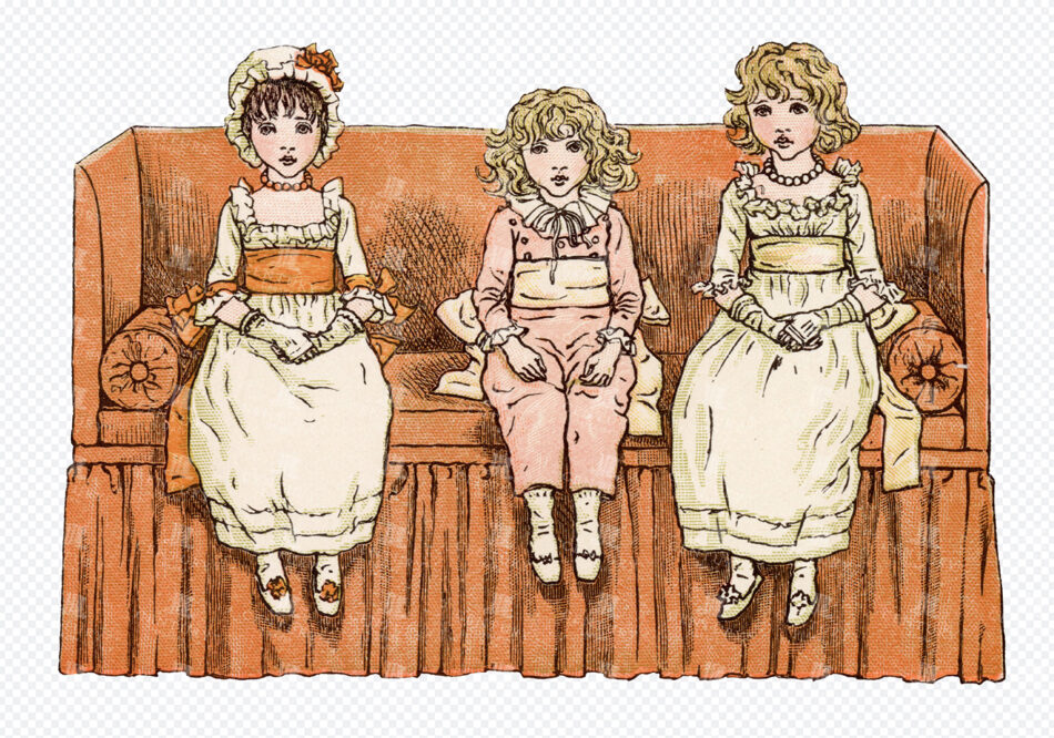 Three Young Girls In Ruffled Dresses Sitting On A Tasseled Sofa With Cushions In A Softly Colored Line Style