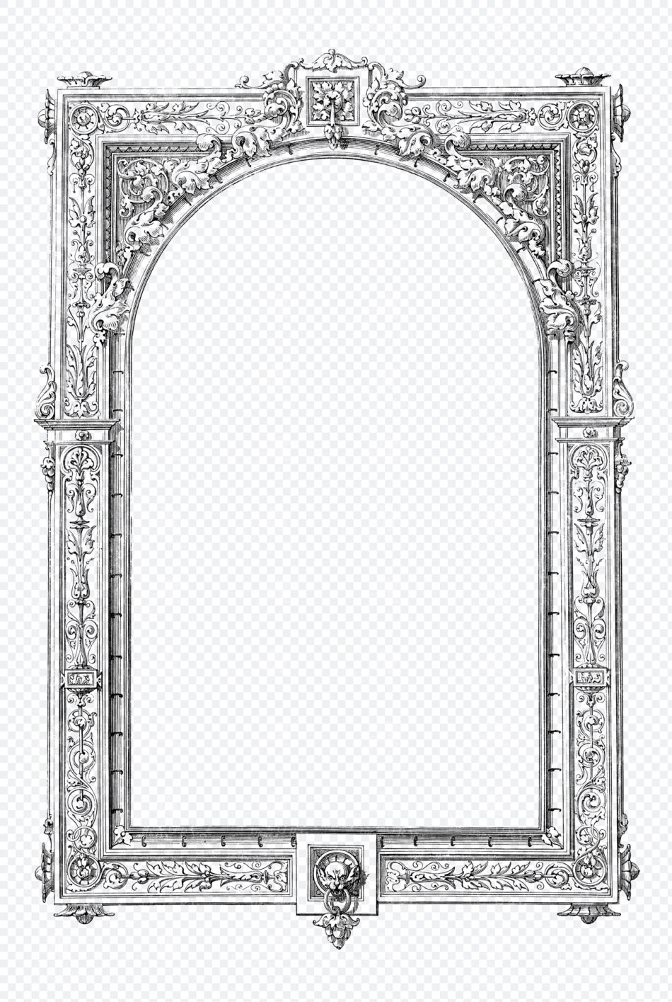 Ornate Arched Border Frame With Baroque Scrollwork And Lion Masks