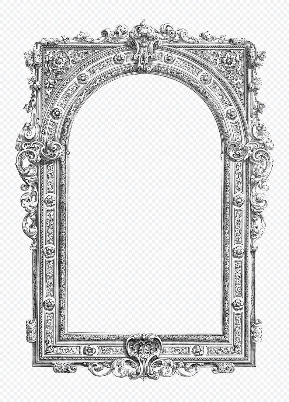 Ornate Rectangular Arch Frame With Elaborate Scrollwork, Floral Medallions And Richly Layered Corner Cartouches