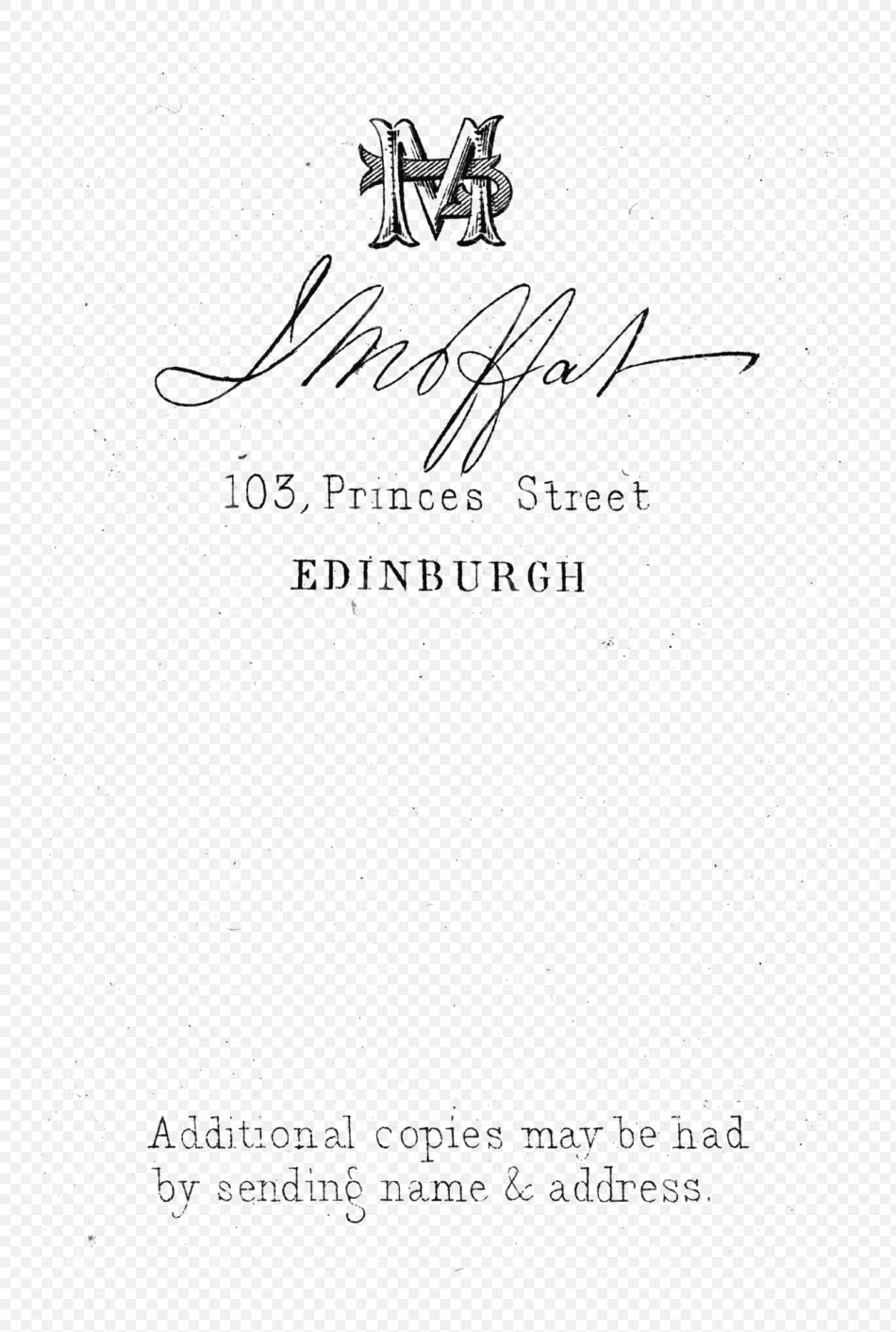 Ornate Monogram And Flowing Script With Small Serif Address Lines And Distessed Footer Text