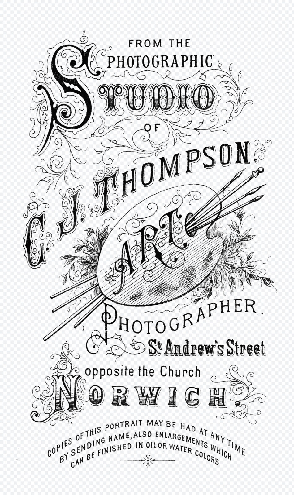 Ornate Photographic Studio Typography With Flourished Lettering, Artist Palette And Brushes Motif In Black Ink