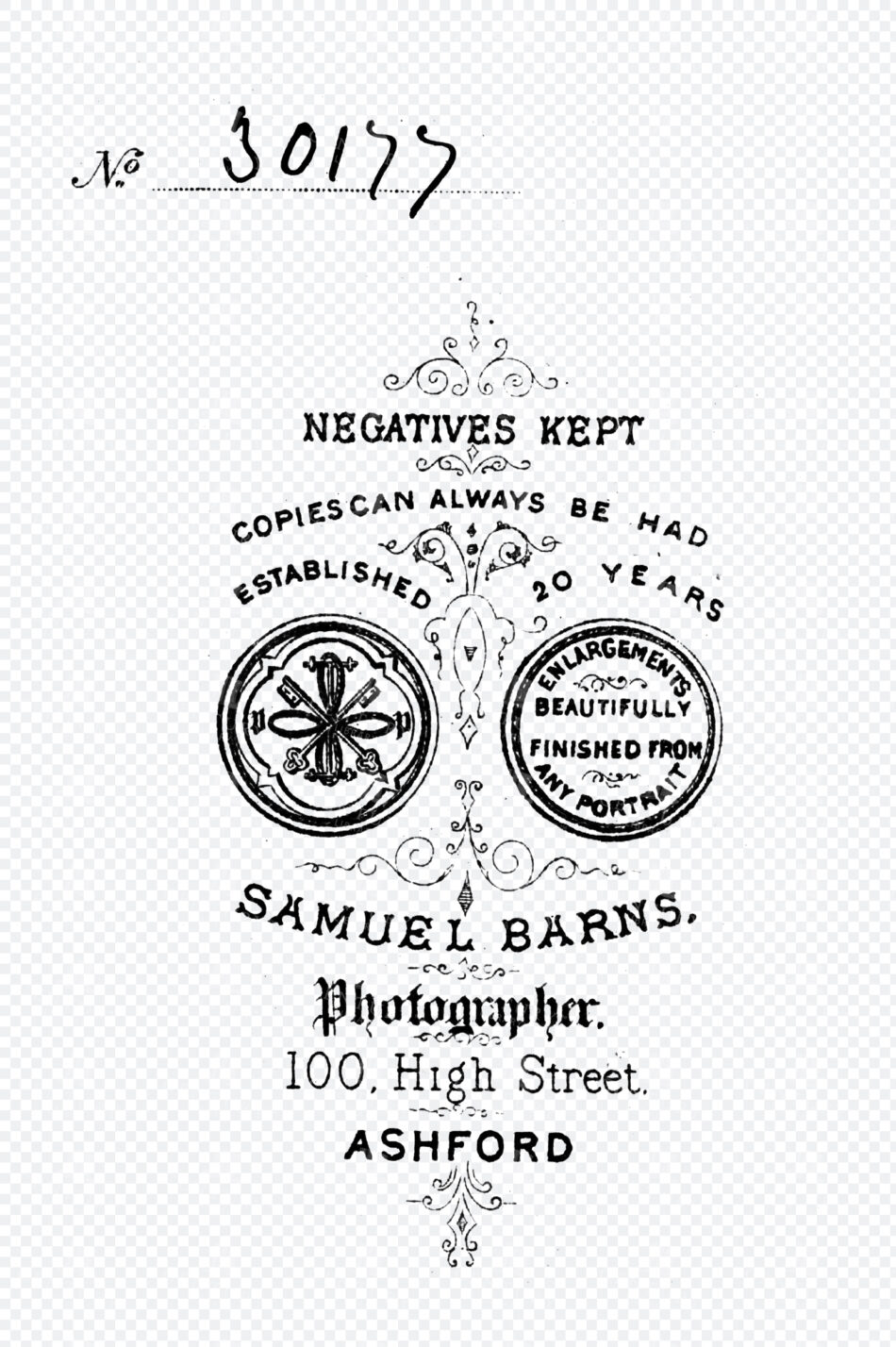 Ornate Photographer Mark With Handwritten Serial Number And Twin Circular Emblems Framed By Flourishes