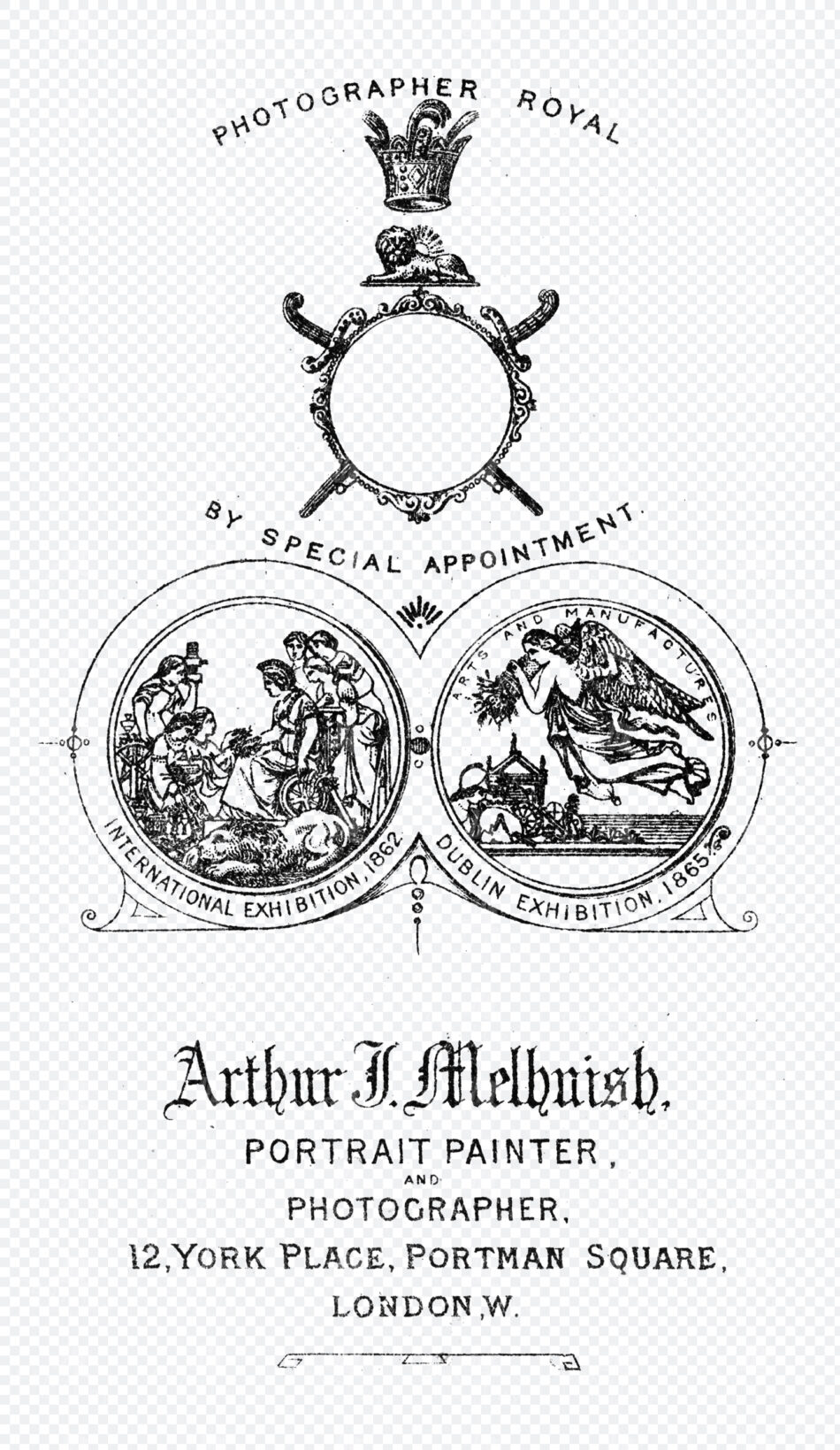 Royal Photographer Emblem With Crown Crest And Twin Exhibition Medallions In Ornate Victorian Typography