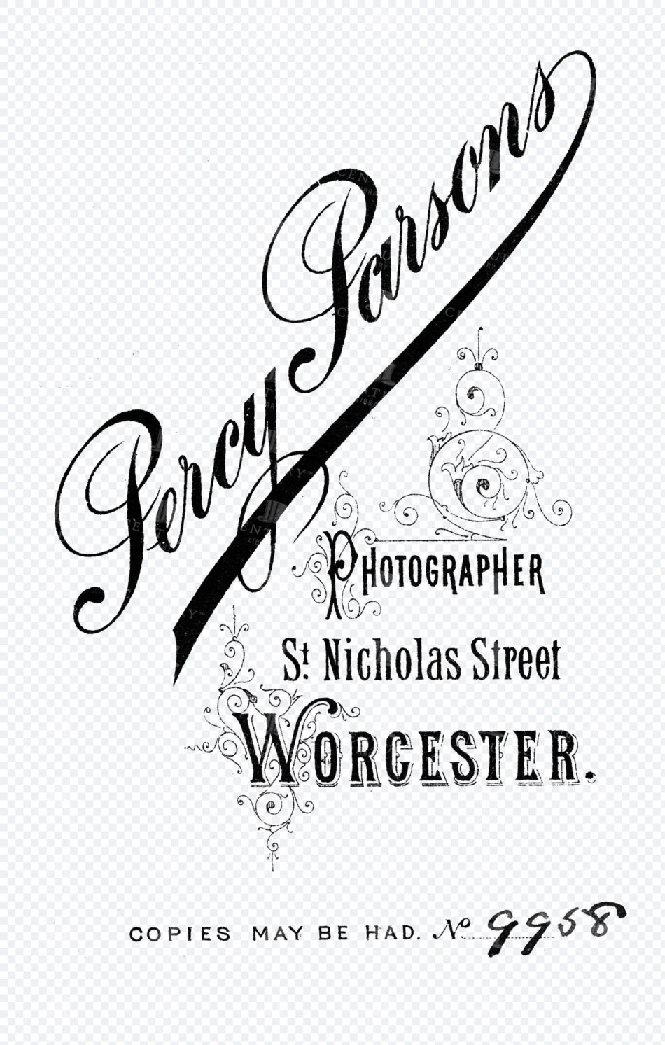 Elegant Cursive Photographer Mark With Sweeping Diagonal Script And Ornate Victorian Flourishes
