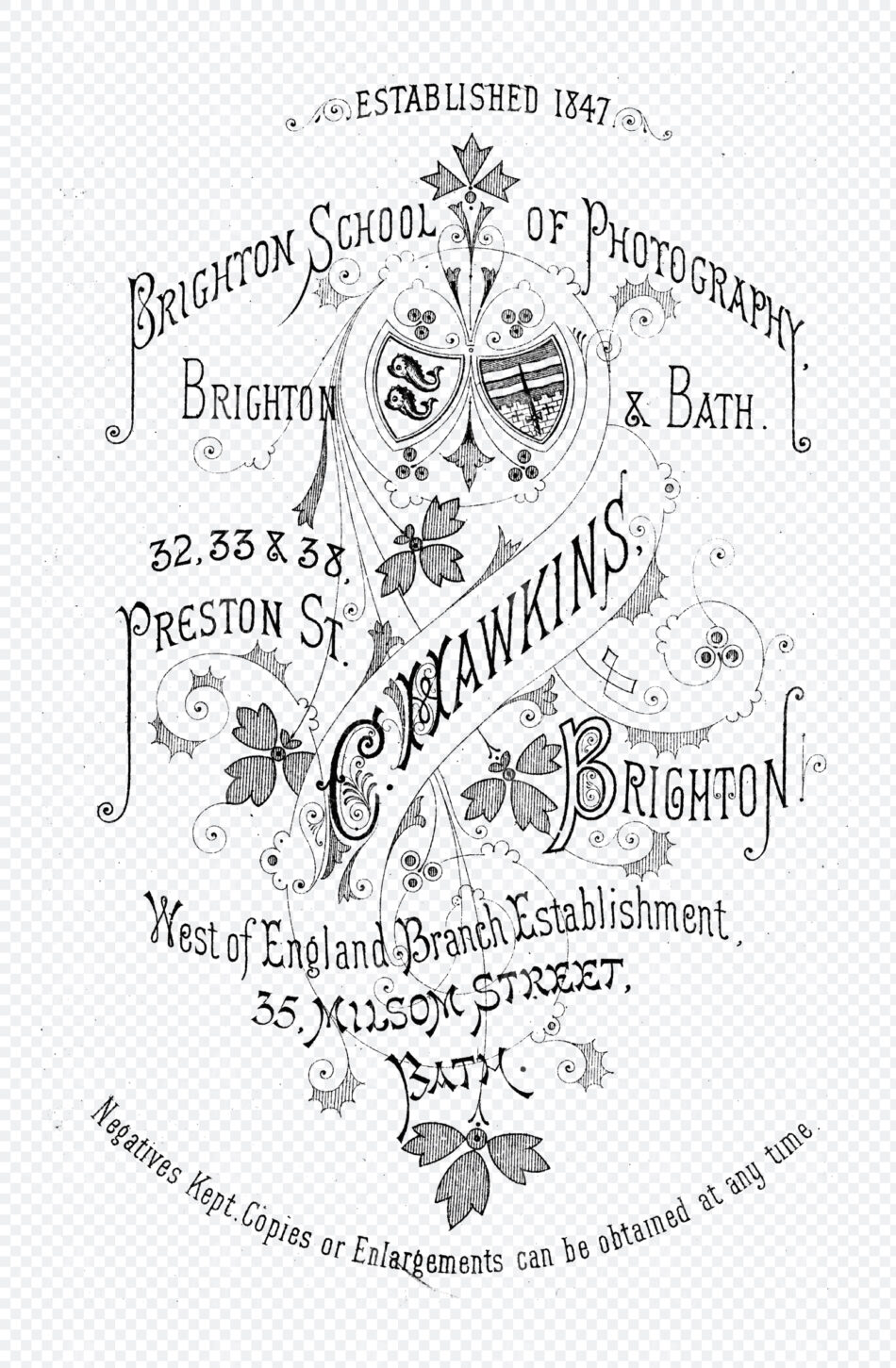 Ornate Photographer Mark With Flowing Script Typography And Decorative Heraldic Shield Motif In Black Ink
