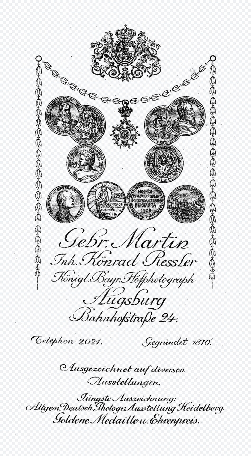 Ornate Crest And Medal Chain With Decorative Script Typography In Vertical Black Ink Layout