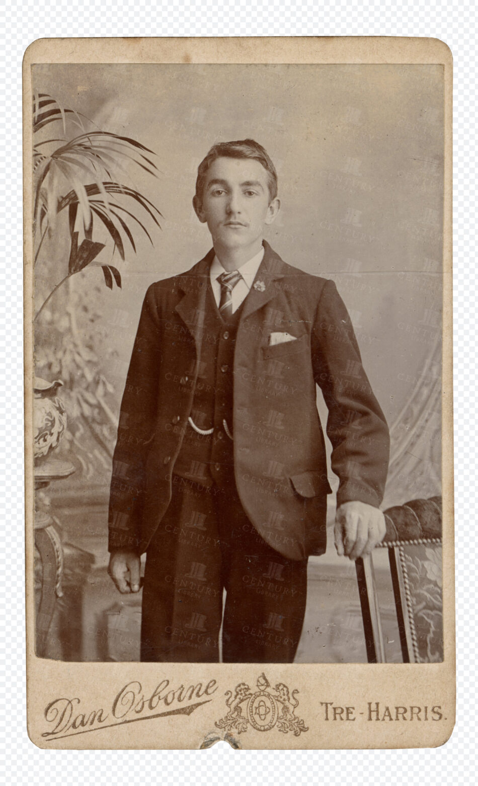Young Man in Dark Three-piece Suit Standing Beside Ornate Chair and Potted Palm in Faded Studio Portrait