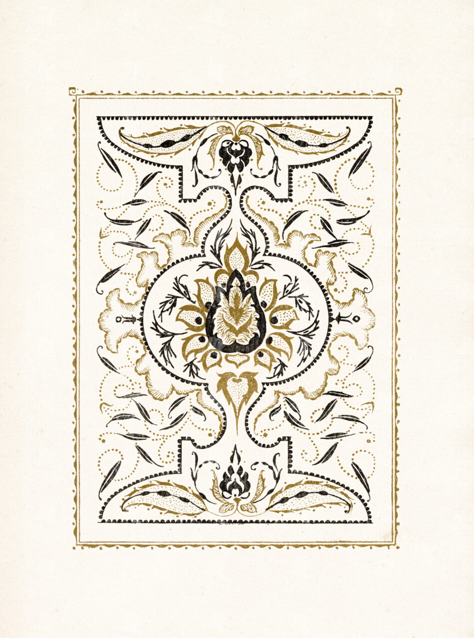 Ornate Central Floral Medallion with Gold and Black Scrollwork Framed by Symmetrical Leaf and Tendril Motifs