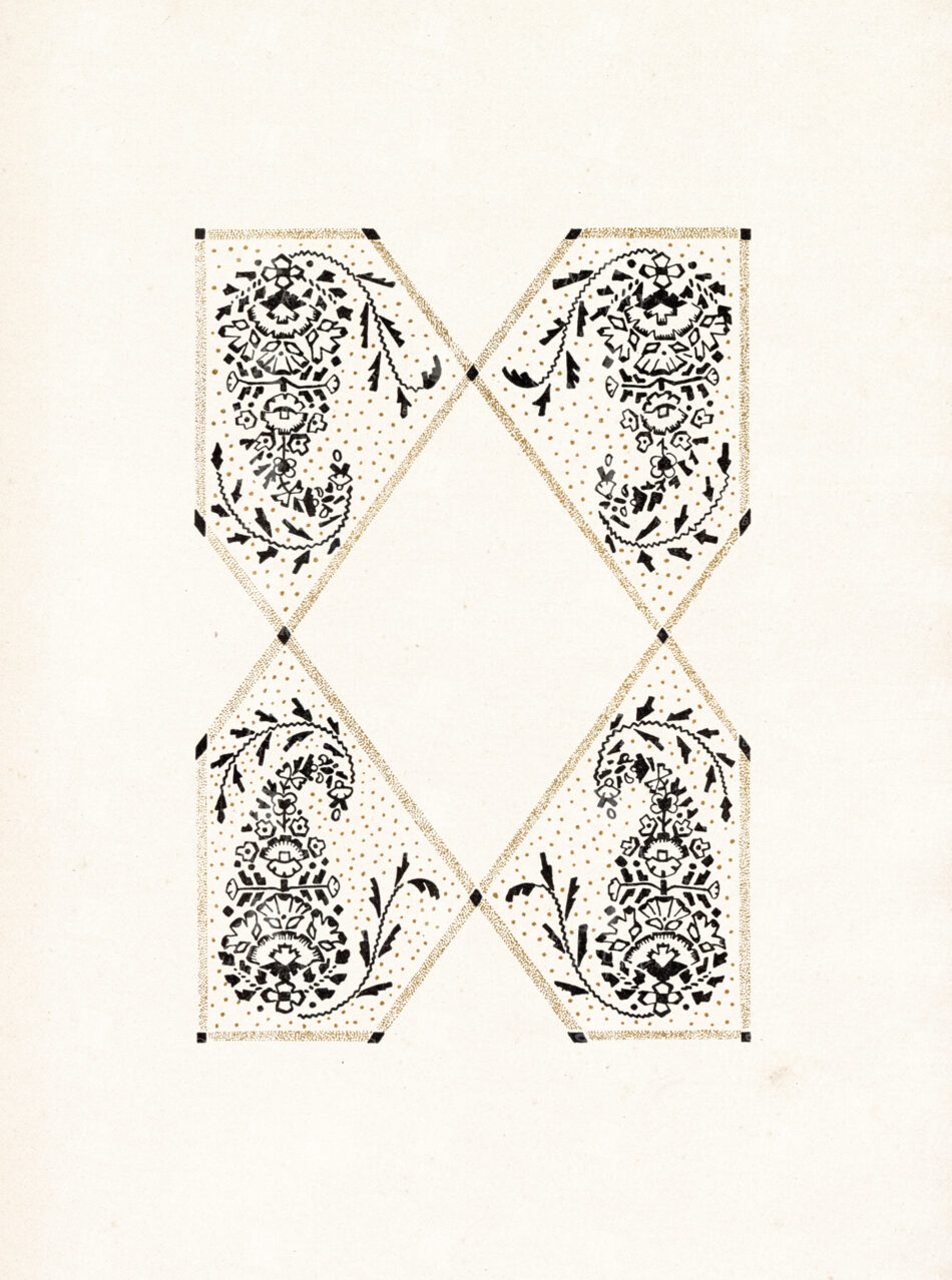 Symmetrical Diamond Motif with Black Floral Ornament and Fine Gold Dotted Background on Cream Paper