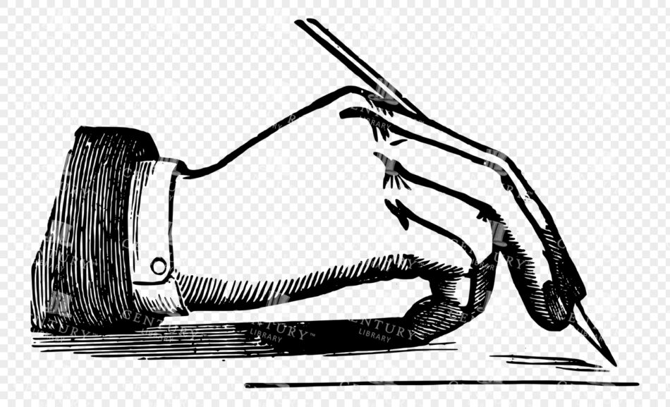 Hand Holding a Writing Quill in Side View - Bold Black Linework with Cuffed Sleeve and Simple Shading
