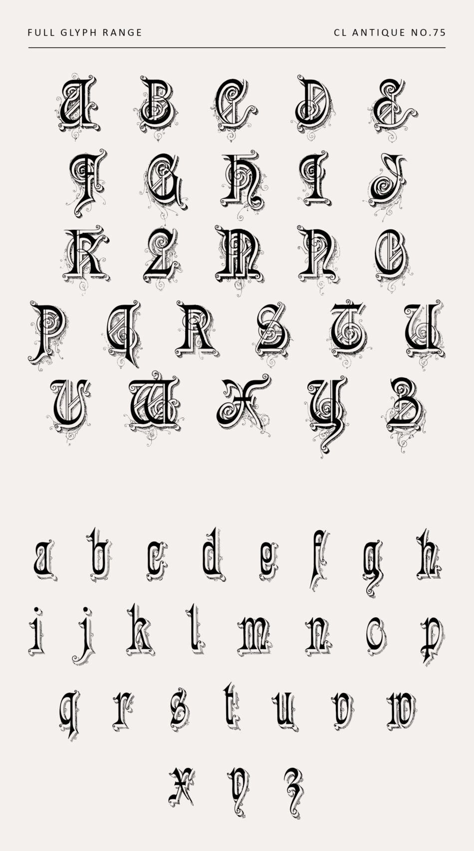 Ornate Blackletter Serif Typeface with Decorative Inline Shading and Flourished Uppercase and Lowercase Glyphs