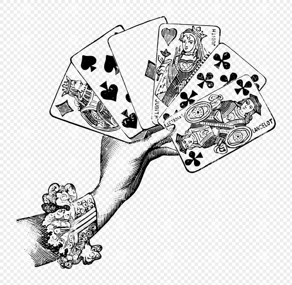 Hand Holding Playing Cards - Engraved Gambling Vignette with Lace Cuff