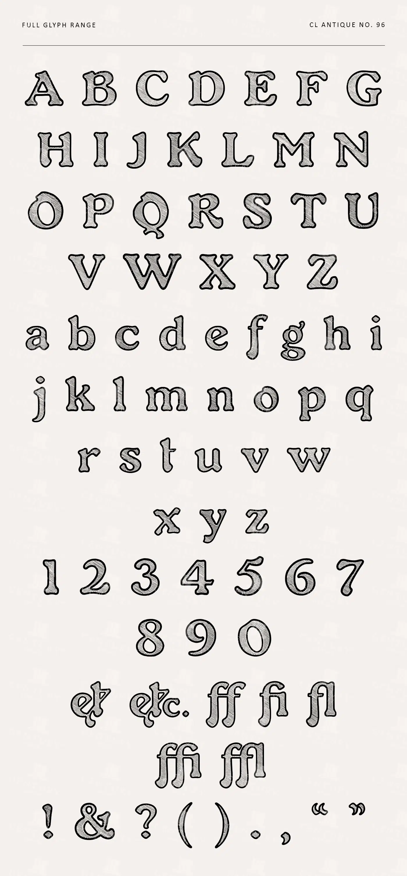 Rough-edged Printed Serif Font Family Showing Full Glyph Range