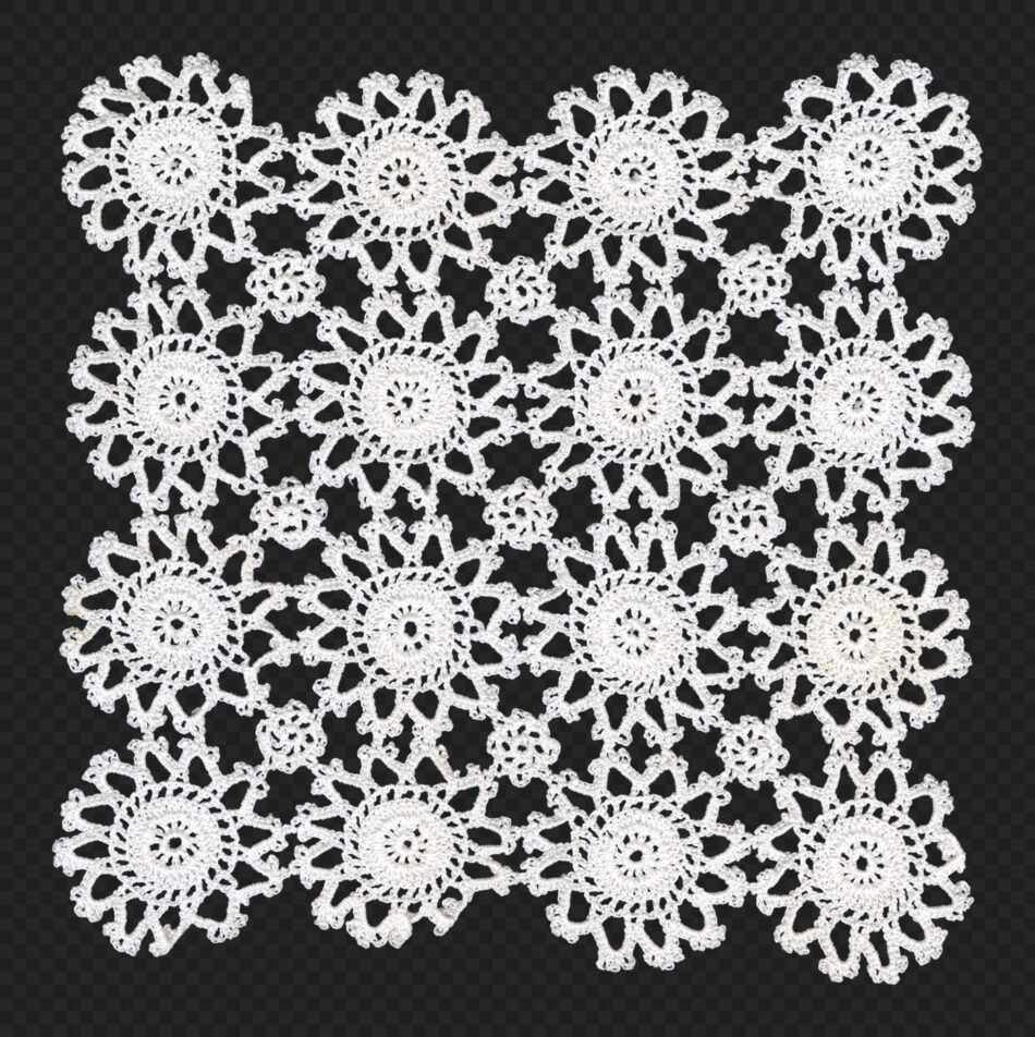 White Crochet Doily with Connected Medallion Pattern - Square Lace Texture