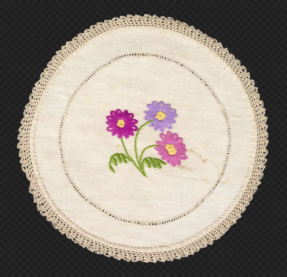 Embroidered Linen Doily with Purple Daisies - Crocheted Lace Edge