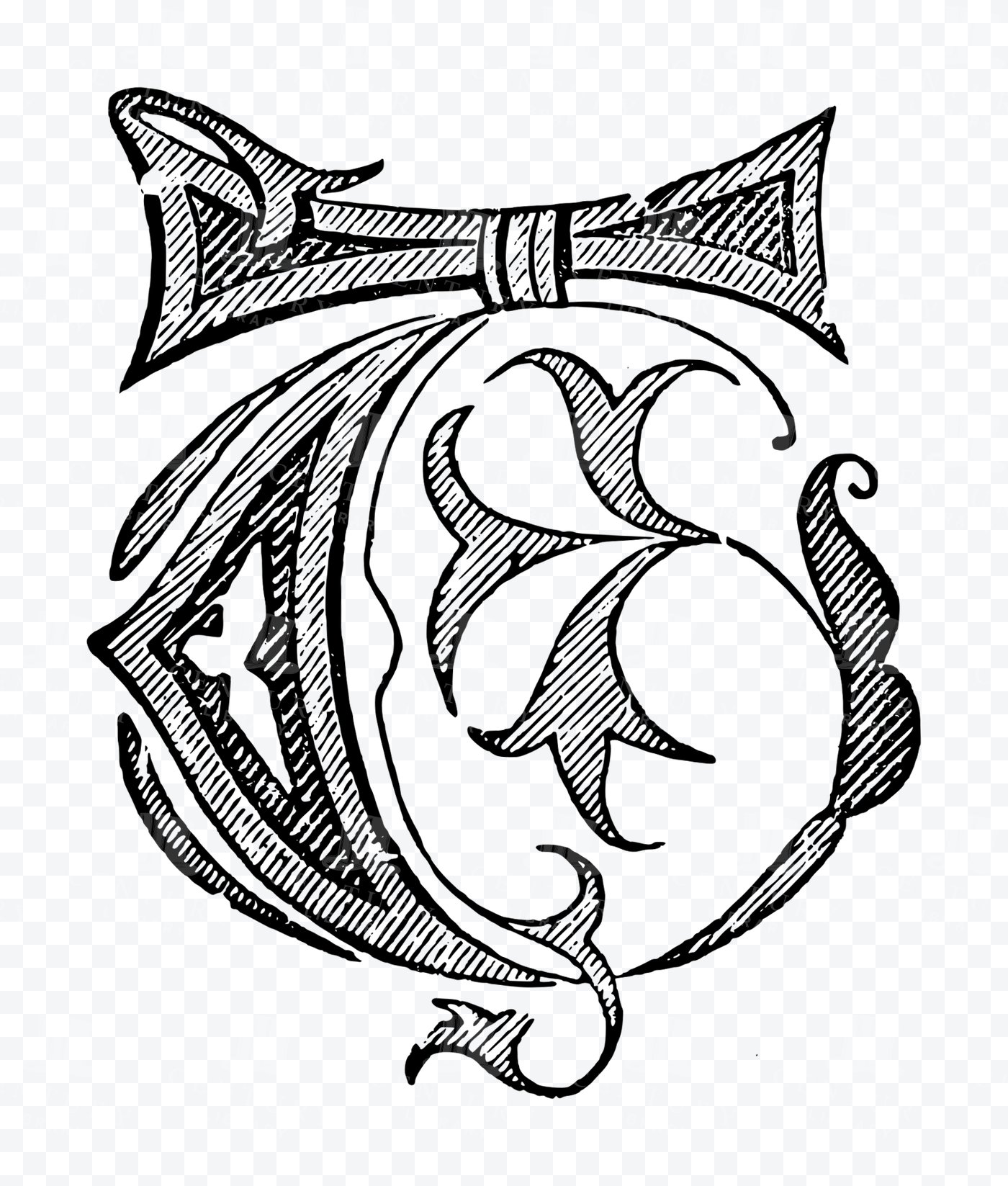 Letter T Drop Cap – Gothic Ribbon Scroll with Hatched Shading - Century ...