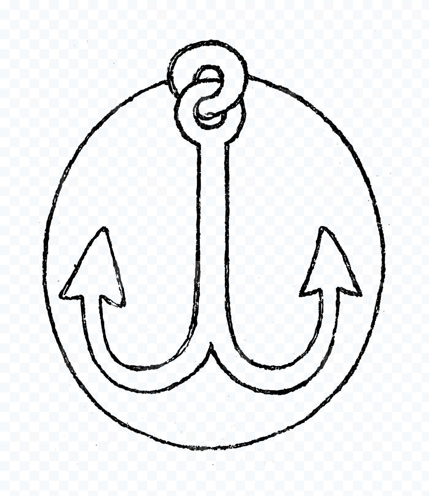 Anchor icon inside a rough circle with curled top ring and pointed flukes