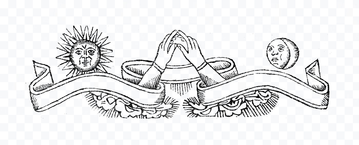 Ribbon Banner Emblem – Clasped Hands with Sun and Moon Faces