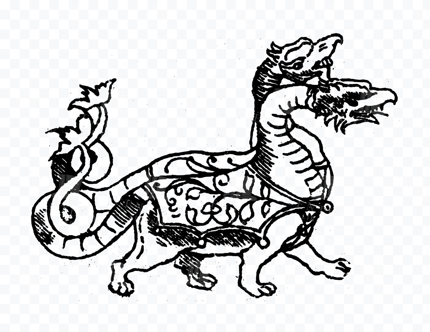 Dragon Creature – Medieval Two-headed Beast with Curled Tail