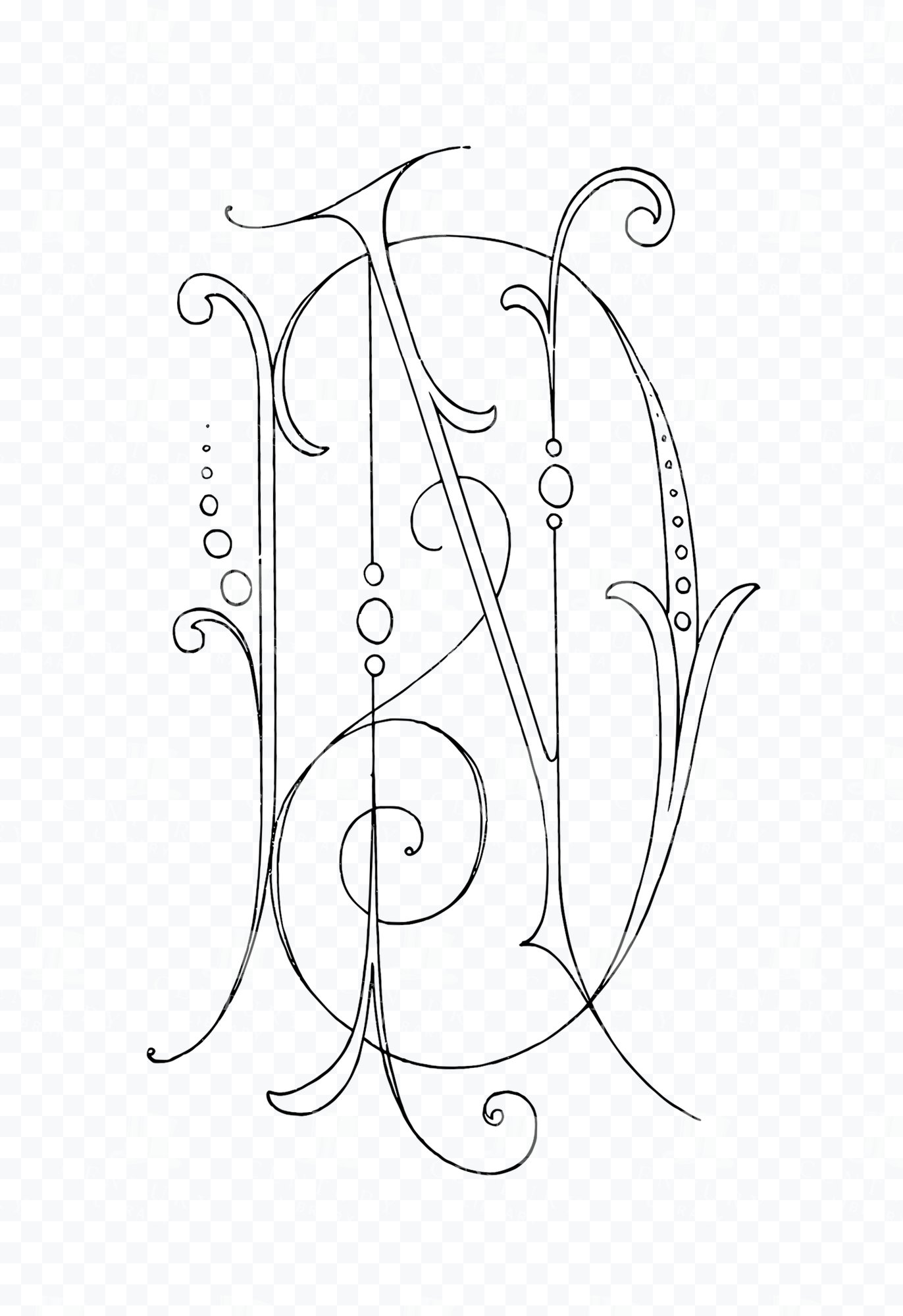 Dn Monogram – Tall Swash Initials with Dotted Line Accents
