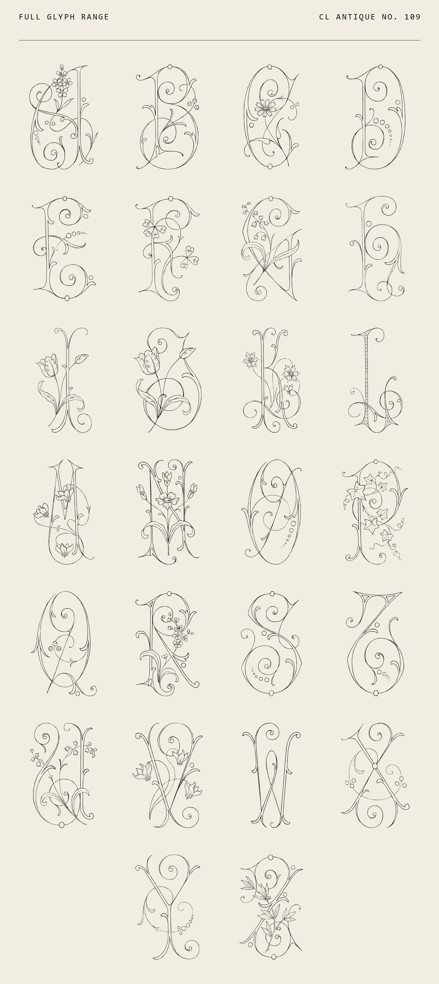 Cl Antique No.109 - Decorative Floral Capital Font - Thin Art Nouveau Swashes And Vines