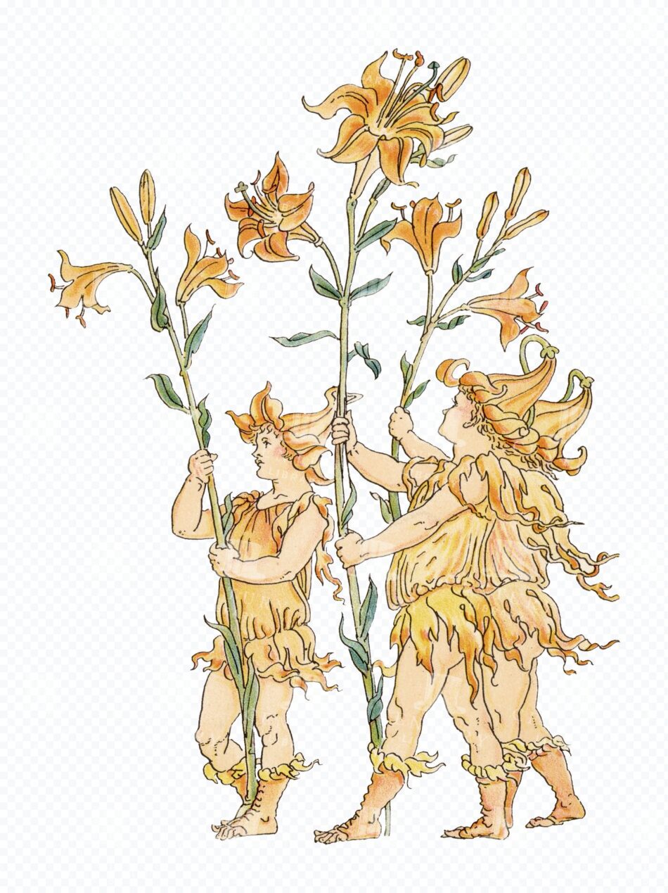 Flower Fairies with Tall Lilies - Art Nouveau Storybook Scene