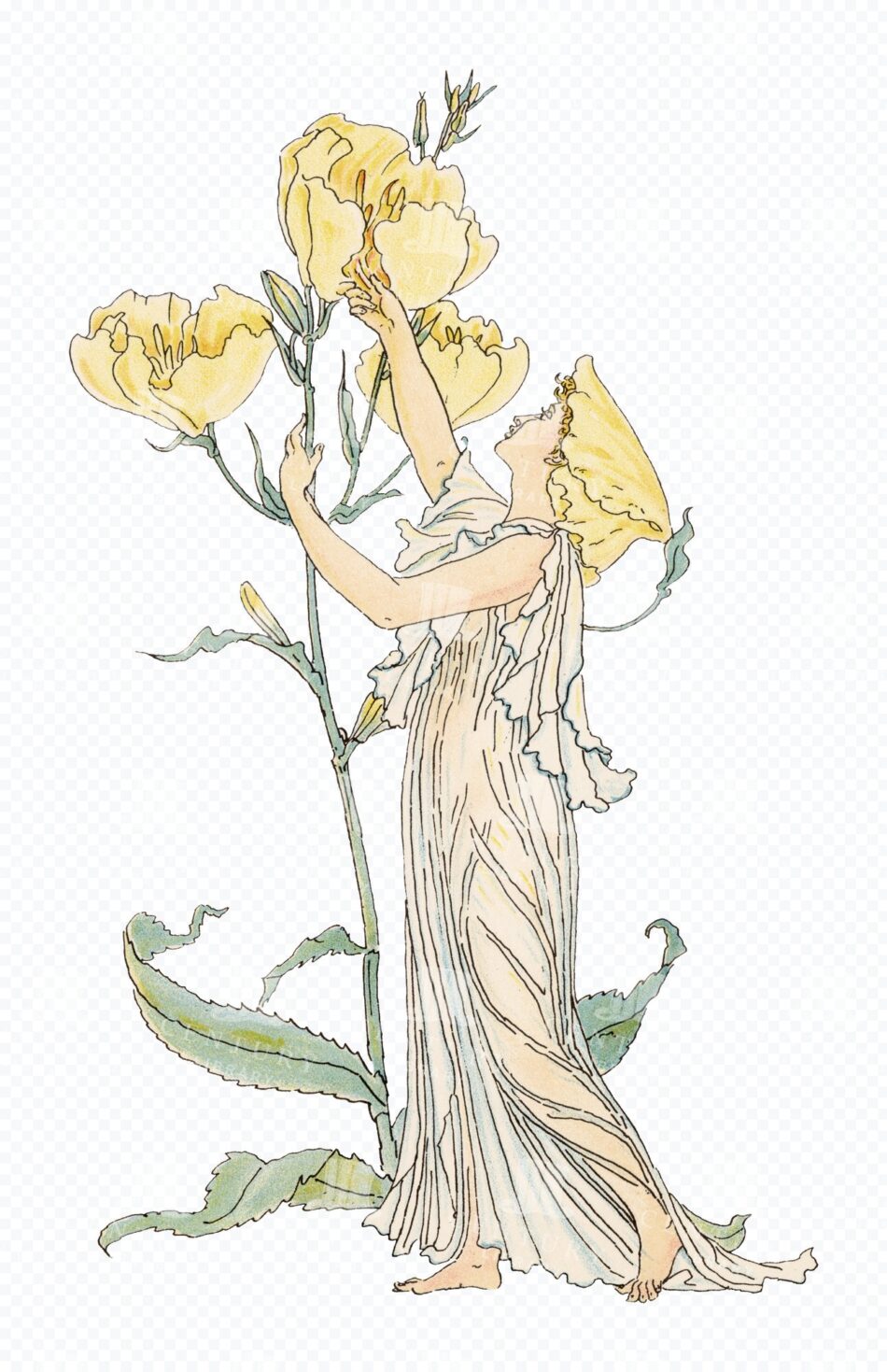 Flower Fairy Woman - Yellow Blossoms and Flowing Art Nouveau Dress