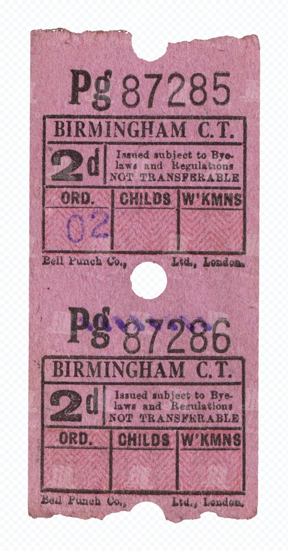 Tram Tickets – Pink Birmingham 2d Pair With Punch Hole and Torn Edges