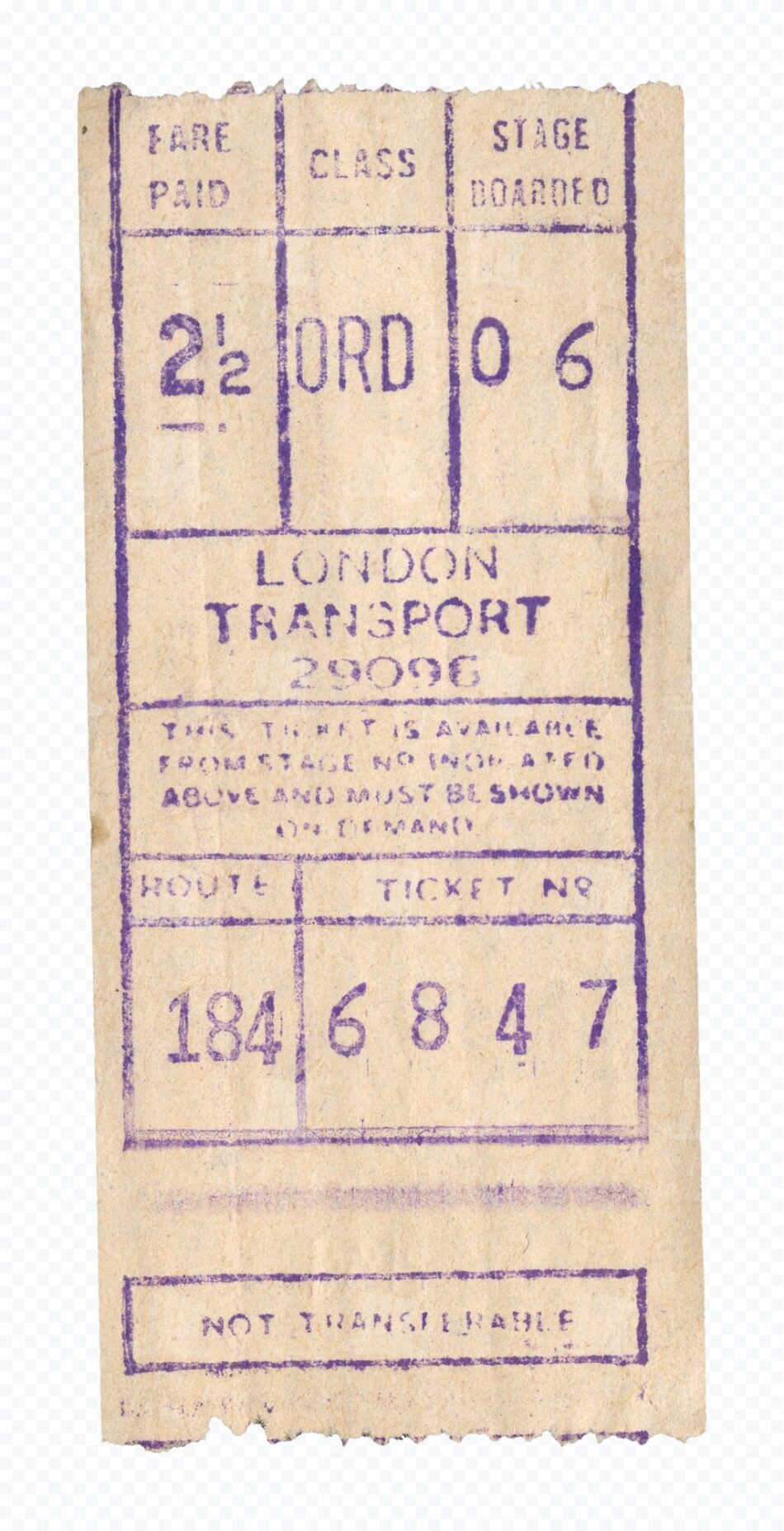 London Transport Bus Ticket - Midcentury Purple Type with Torn Edges