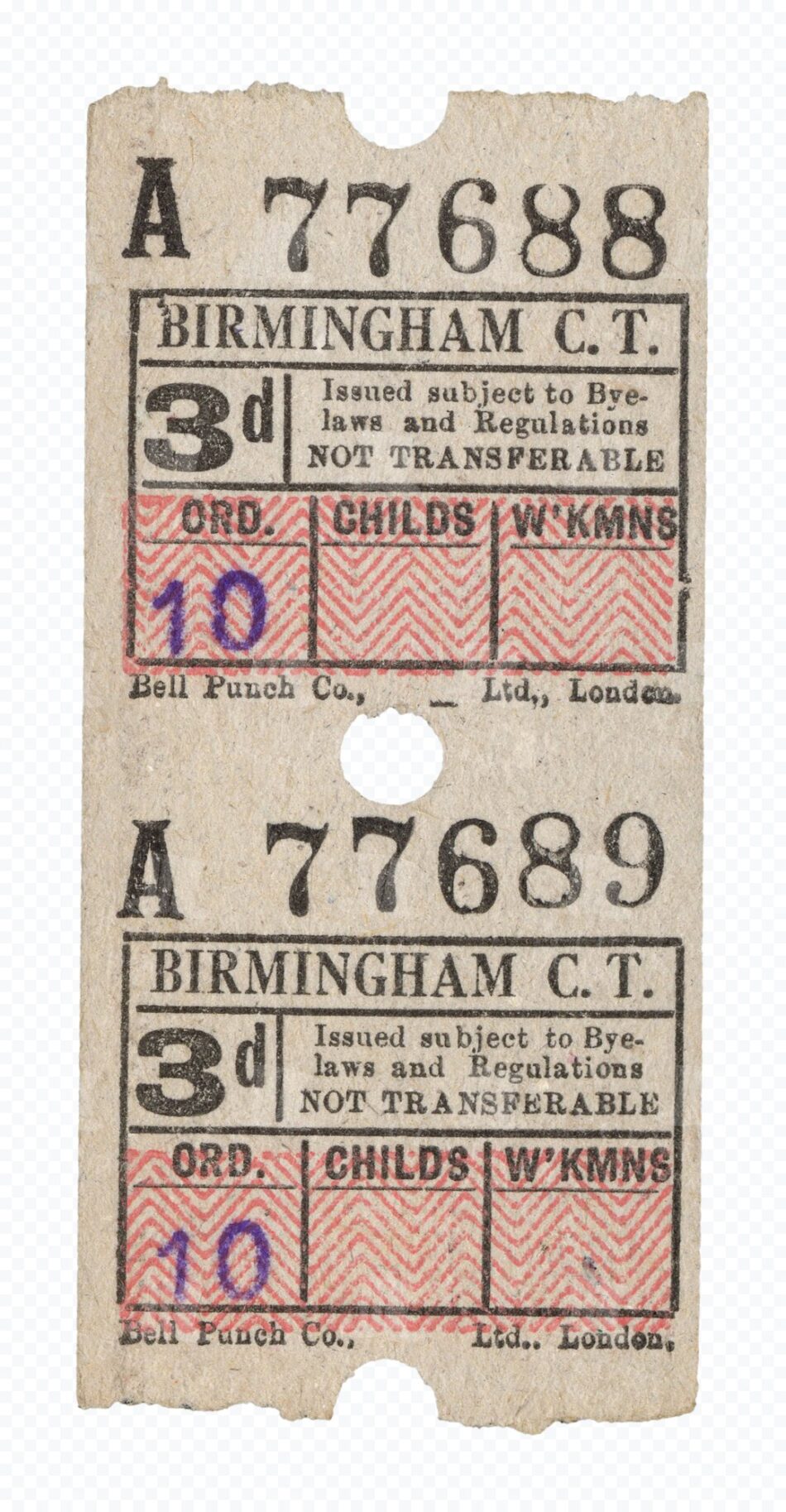 Transit Ticket Pair - Midcentury Birmingham 3d Fare with Red Chevrons