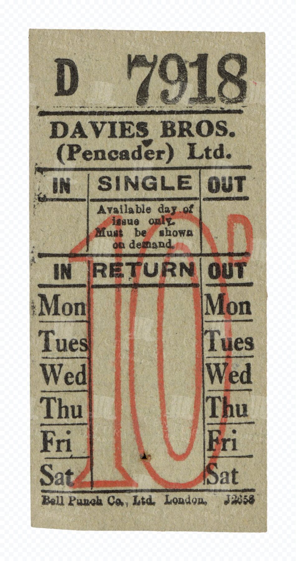 Bus Ticket – Midcentury Single and Return Stub with Red 10p Overprint